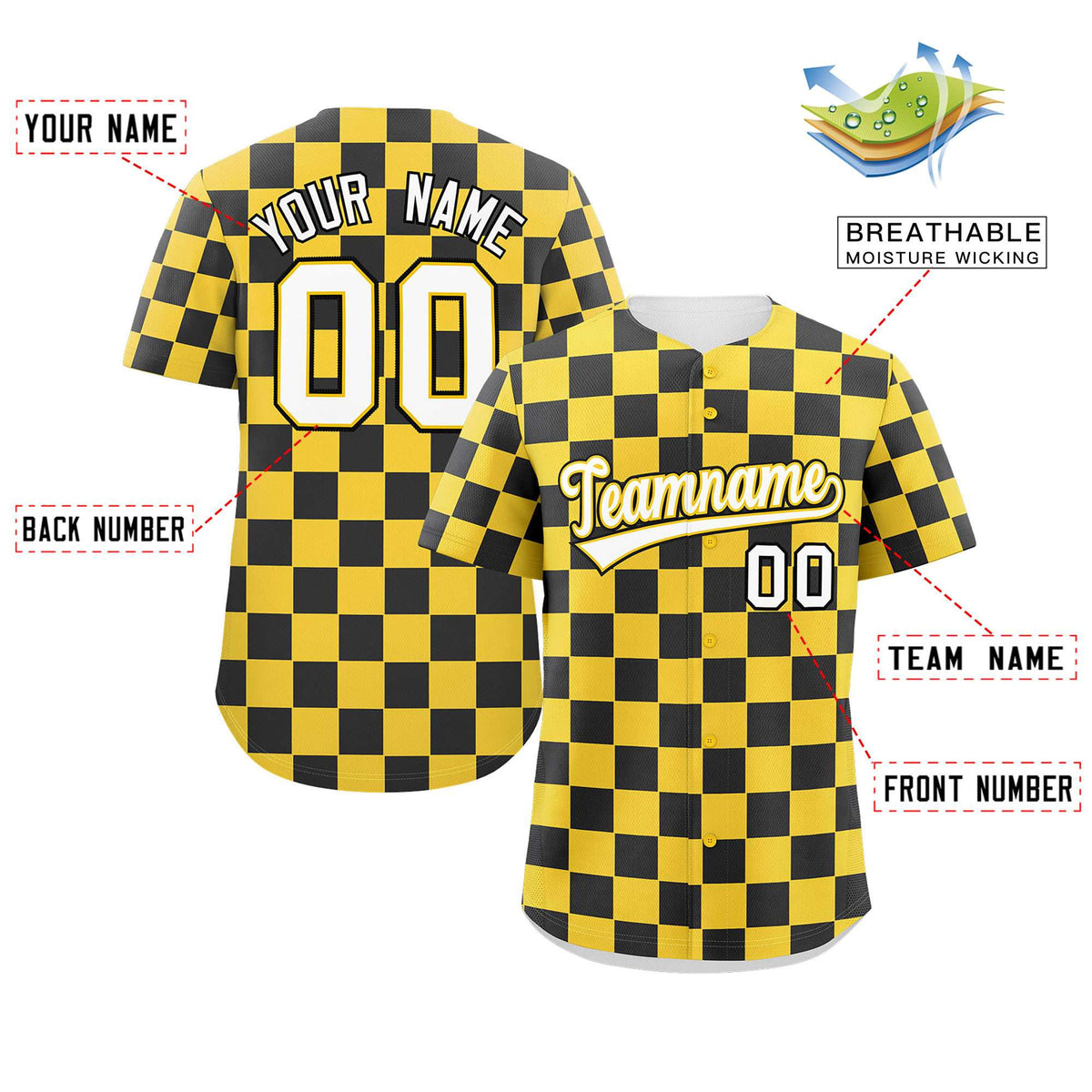Custom Gold Black Square Grid Color Block Design Authentic Baseball Jersey Limited