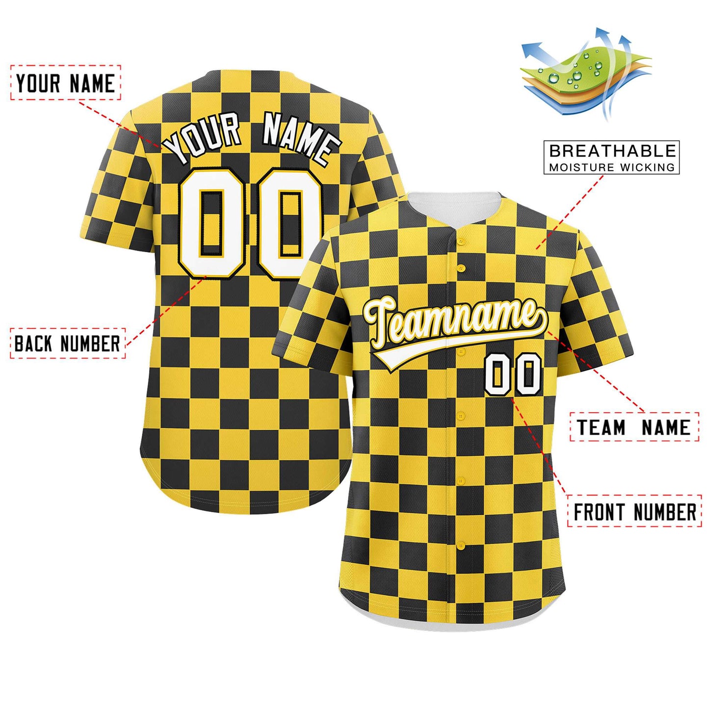 Custom Gold Black Square Grid Color Block Design Authentic Baseball Jersey Limited