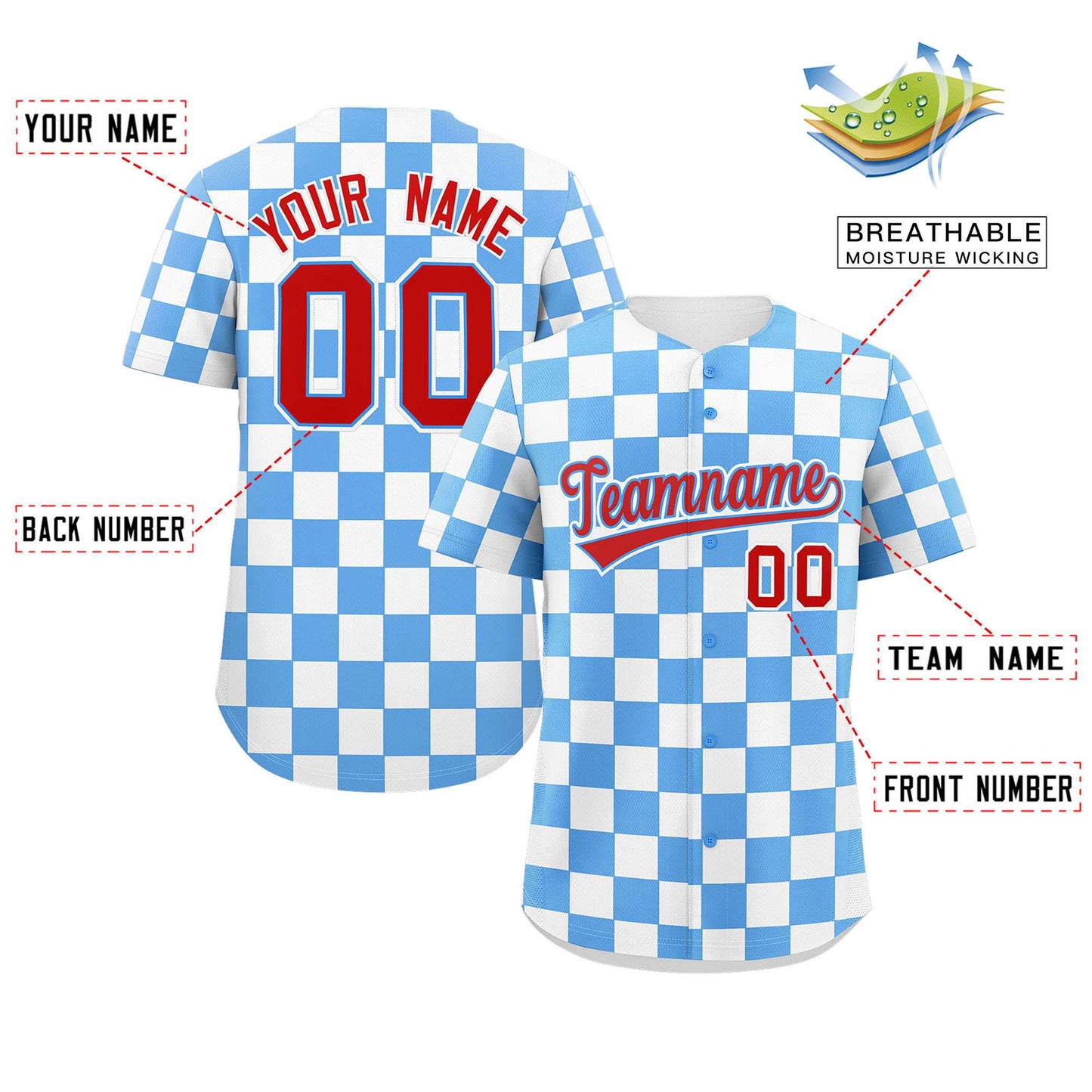 Custom Powder Blue White Square Grid Color Block Design Authentic Baseball Jersey Limited