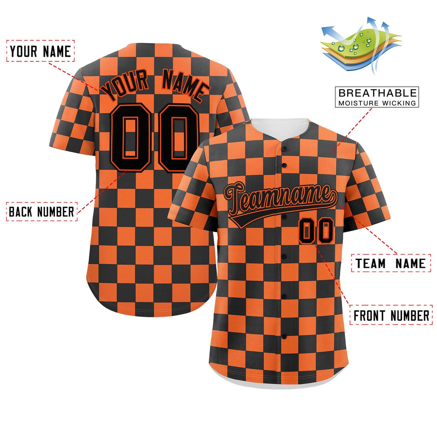 Custom Black Orange Square Grid Color Block Design Authentic Baseball Jersey Limited