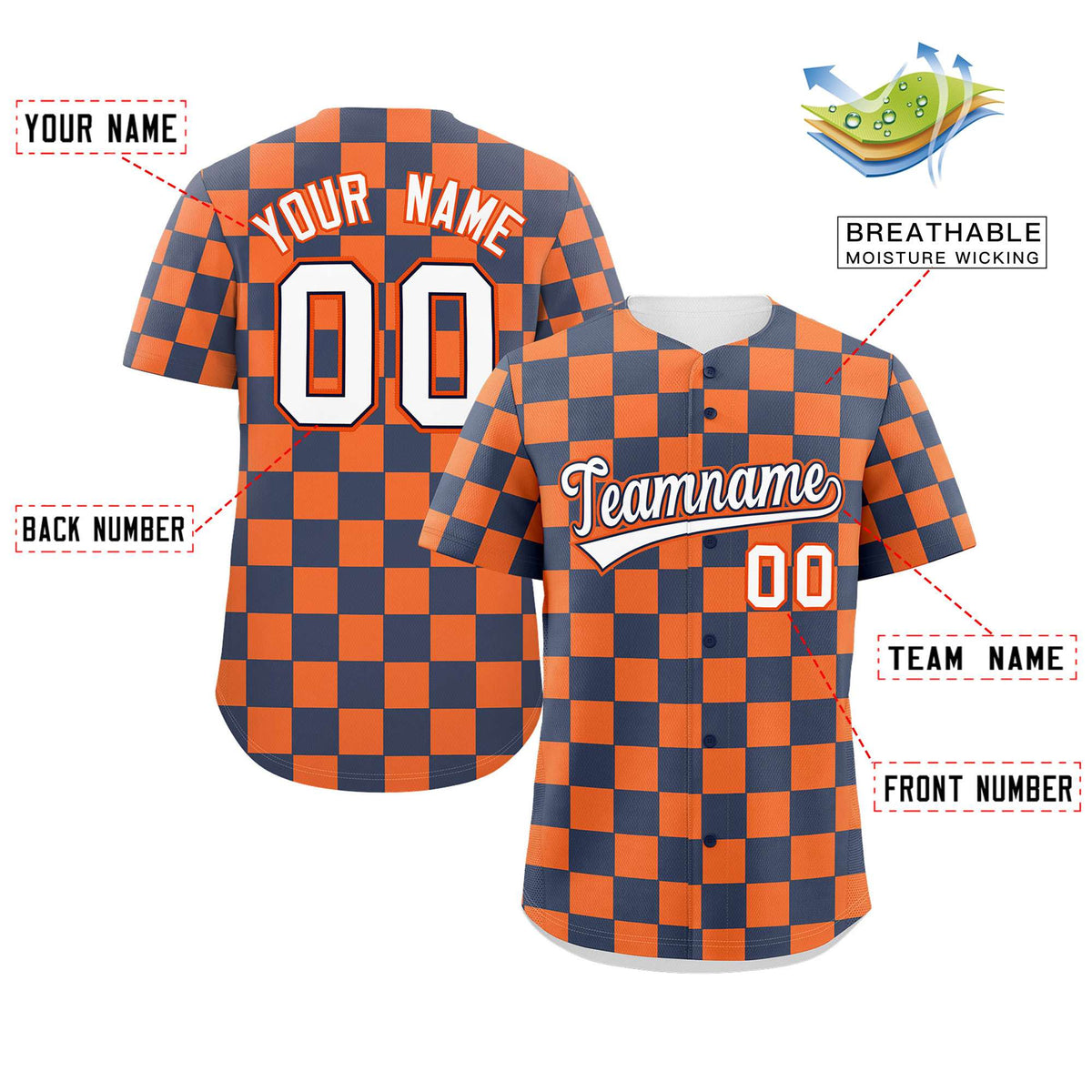 Custom Navy Orange Square Grid Color Block Design Authentic Baseball Jersey Limited