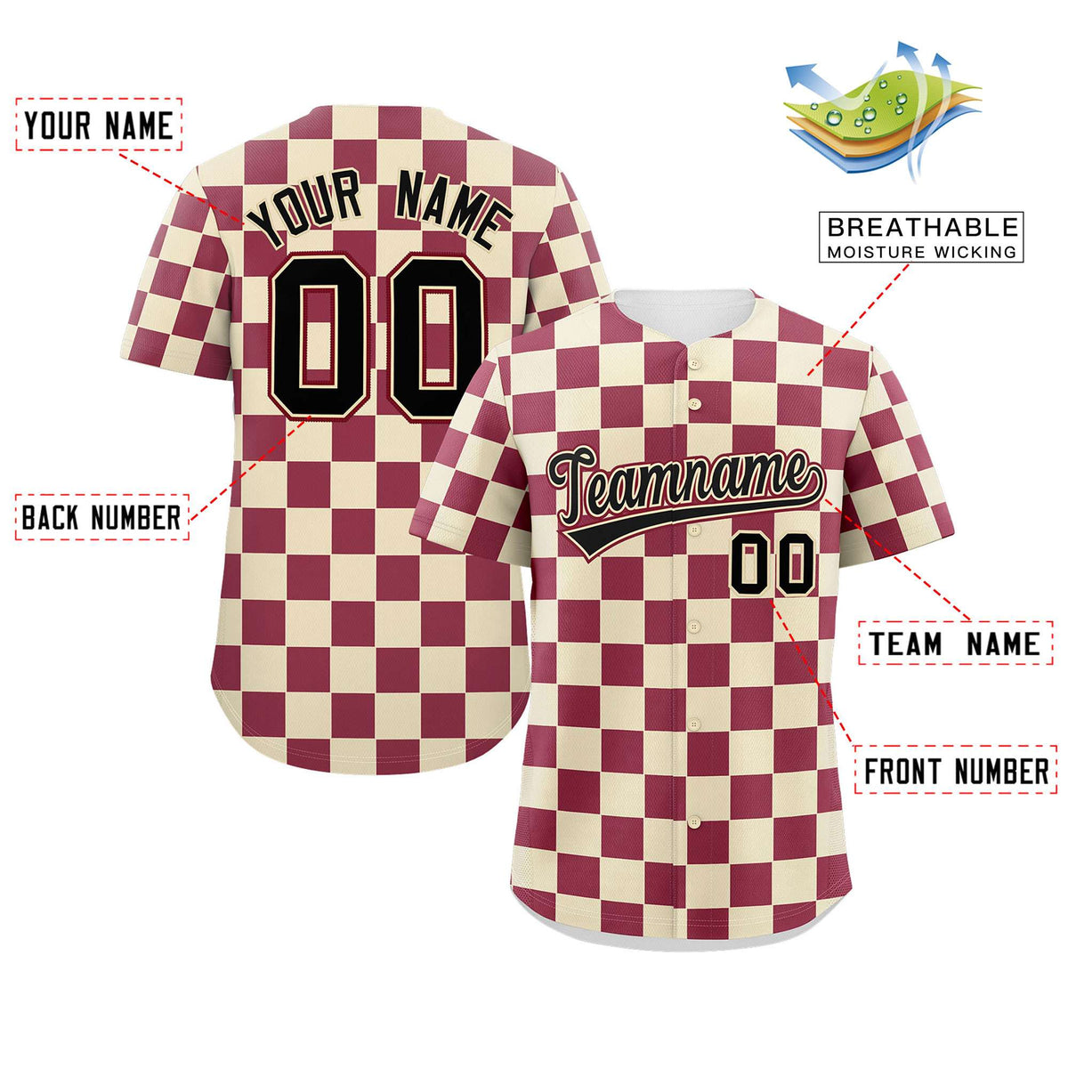 Custom Khaki Crimson Square Grid Color Block Design Authentic Baseball Jersey Limited
