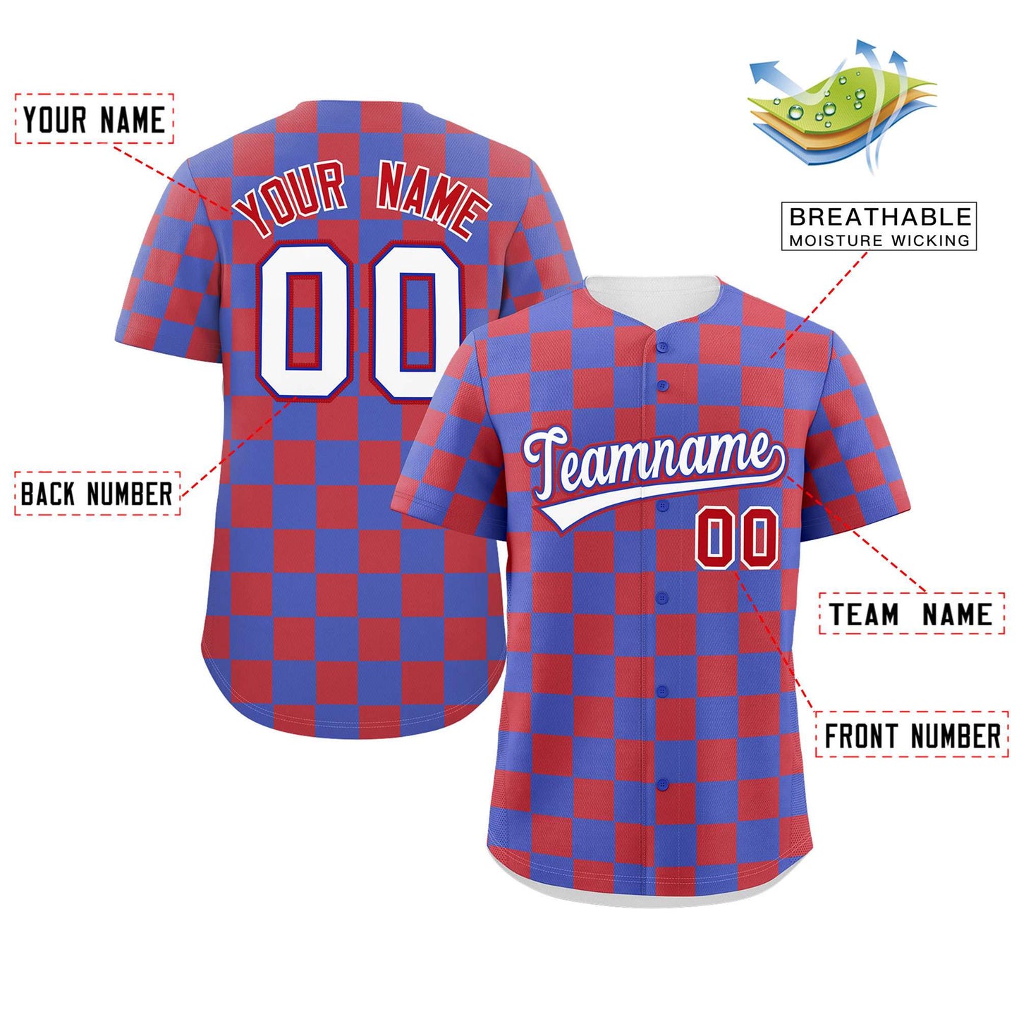 Custom Royal Red Square Grid Color Block Design Authentic Baseball Jersey Limited