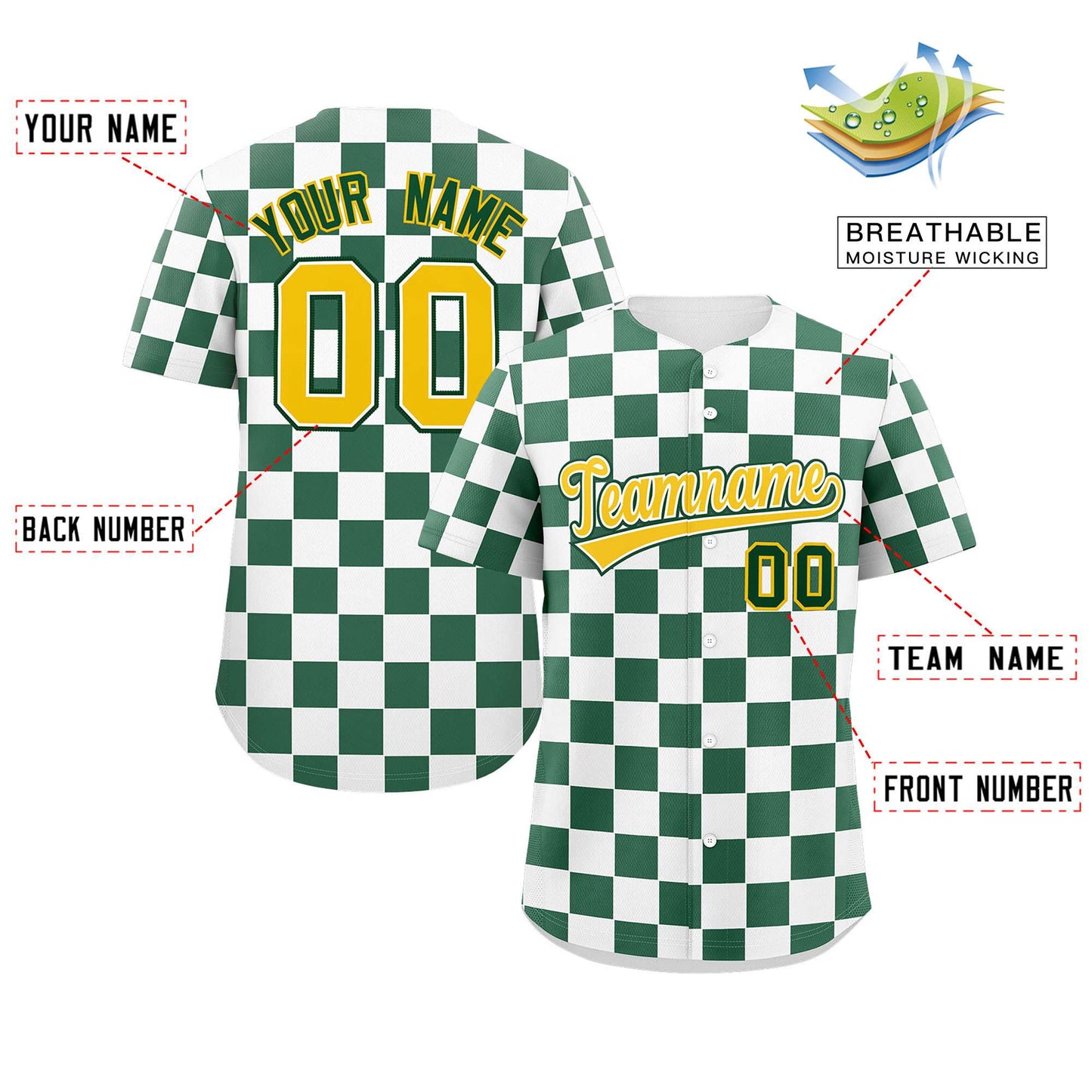 Custom White Green Square Grid Color Block Design Authentic Baseball Jersey Limited