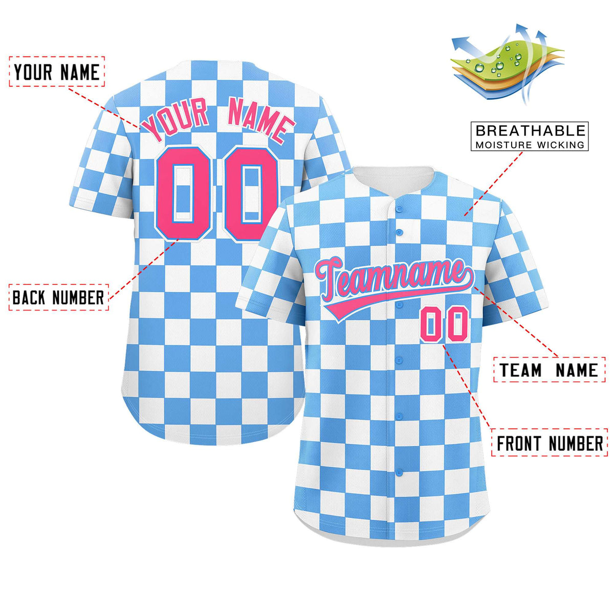 Custom Powder Blue White Square Grid Color Block Design Authentic Baseball Jersey Limited