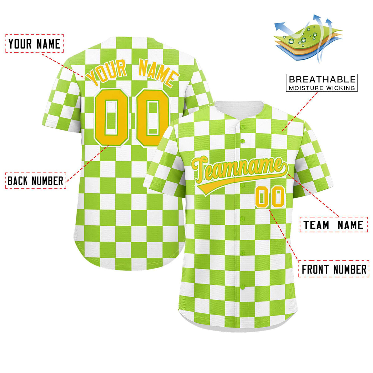Custom Neon Green White Square Grid Color Block Design Authentic Baseball Jersey Limited