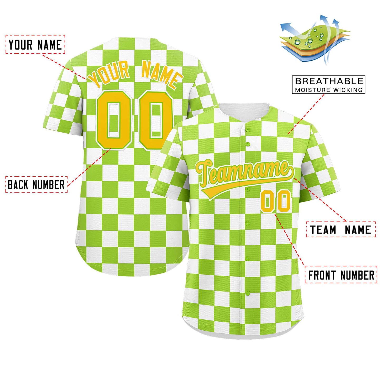 Custom Neon Green White Square Grid Color Block Design Authentic Baseball Jersey Limited