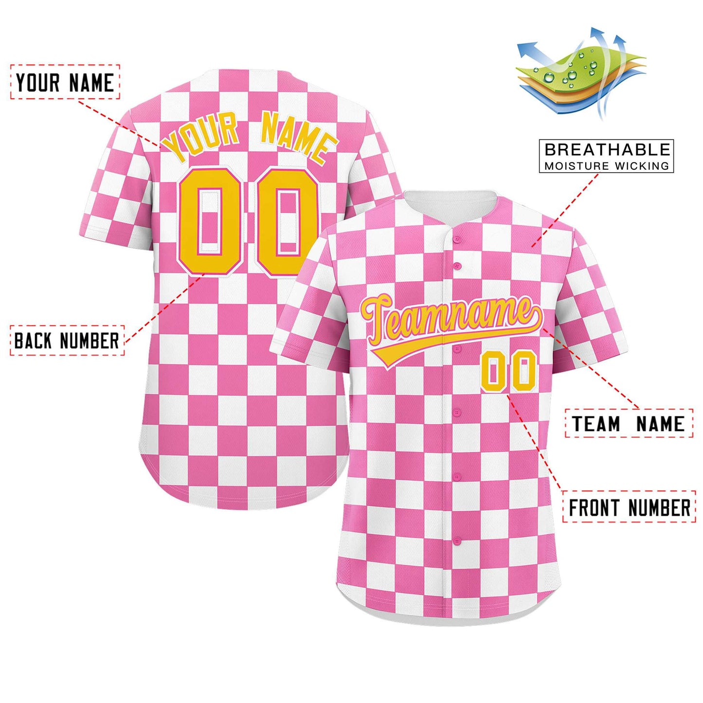Custom Pink White Square Grid Color Block Design Authentic Baseball Jersey Limited