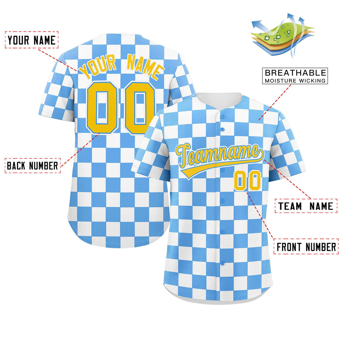 Custom Powder Blue White Square Grid Color Block Design Authentic Baseball Jersey Limited