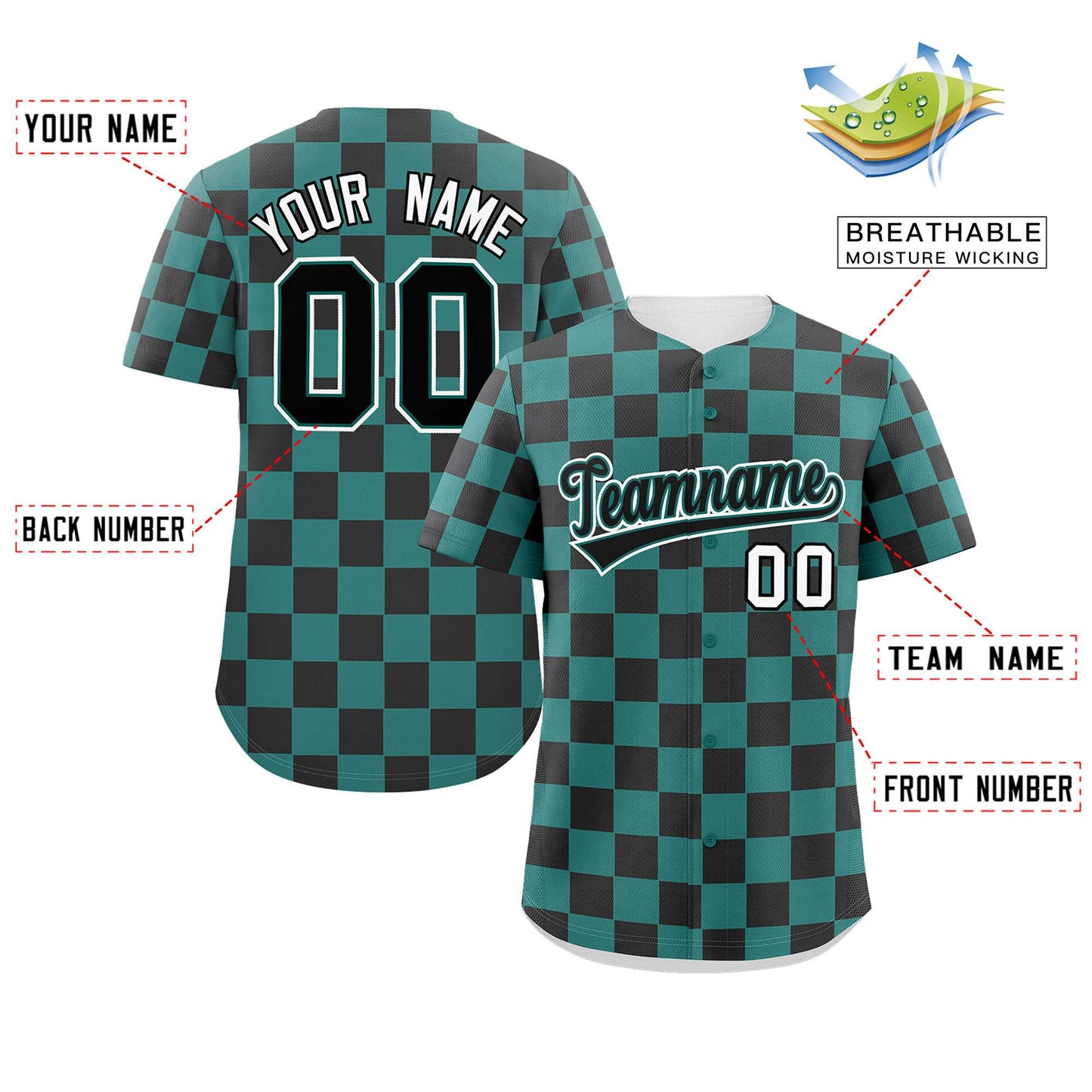 Custom Aqua Black Square Grid Color Block Design Authentic Baseball Jersey Limited