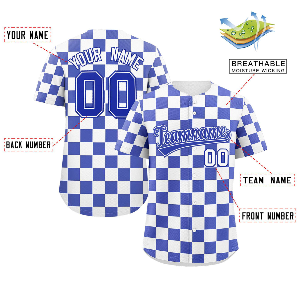 Custom White Royal Square Grid Color Block Design Authentic Baseball Jersey Limited