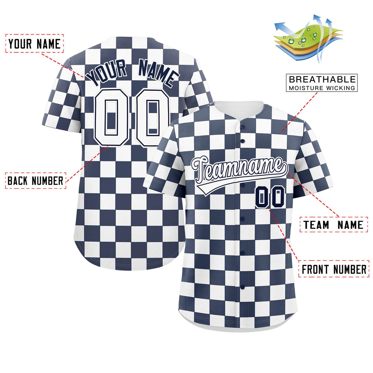 Custom Navy White Square Grid Color Block Design Authentic Baseball Jersey Limited