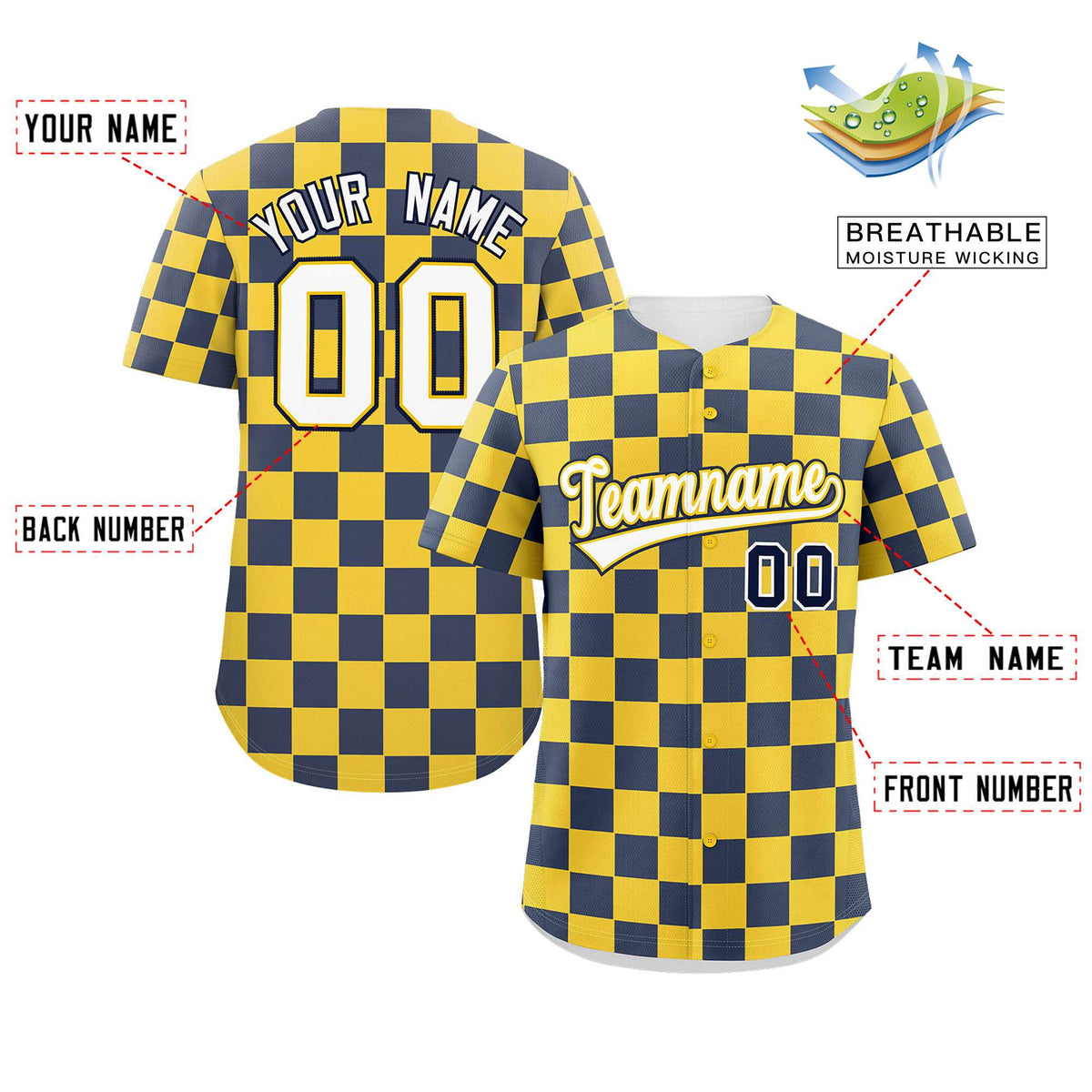 Custom Gold Navy Square Grid Color Block Design Authentic Baseball Jersey Limited