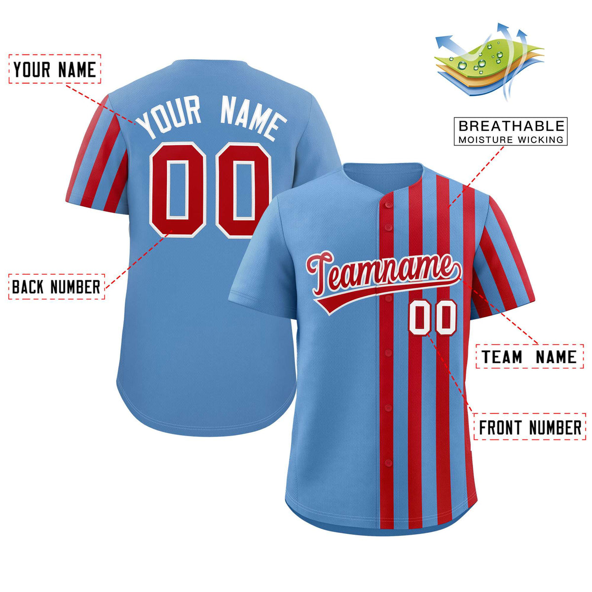 Custom Lt Blue Red Thick Stripe Fashion Design Authentic Baseball Jersey Limited