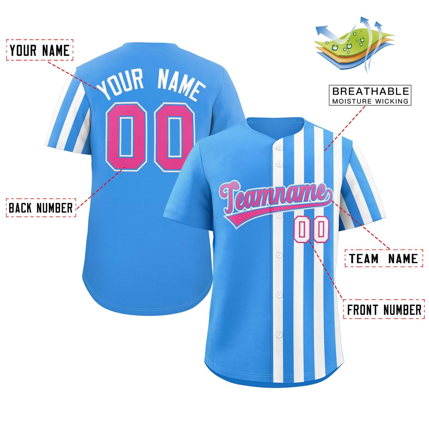Custom Powder Blue White Thick Stripe Fashion Design Authentic Baseball Jersey Limited