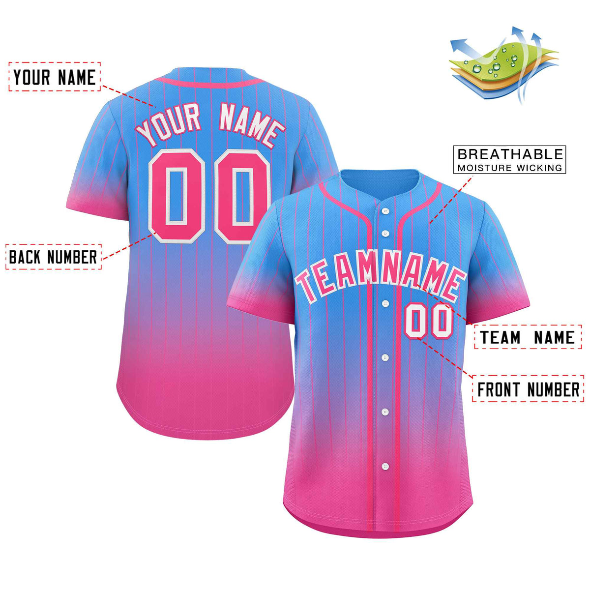 Custom Powder Blue Pink-White Gradient Stripe Fashion Authentic Baseball Jersey Limited