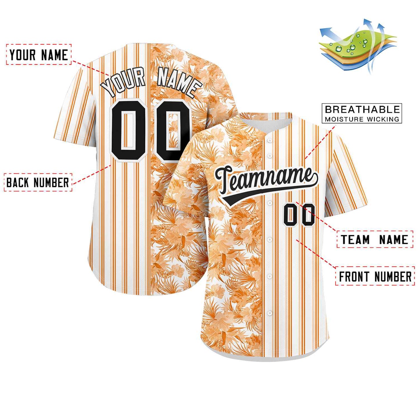 Custom Orange White-Black Hawaii Tropical Flower Stripe Fashion Baseball Jersey Limited