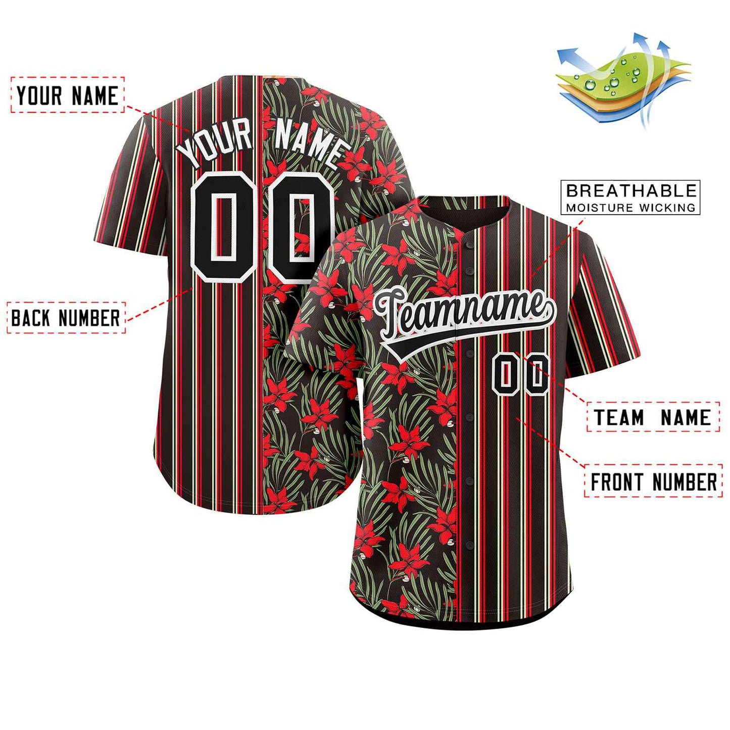 Custom Black Red Hawaii Tropical Flower Stripe Fashion Baseball Jersey Limited