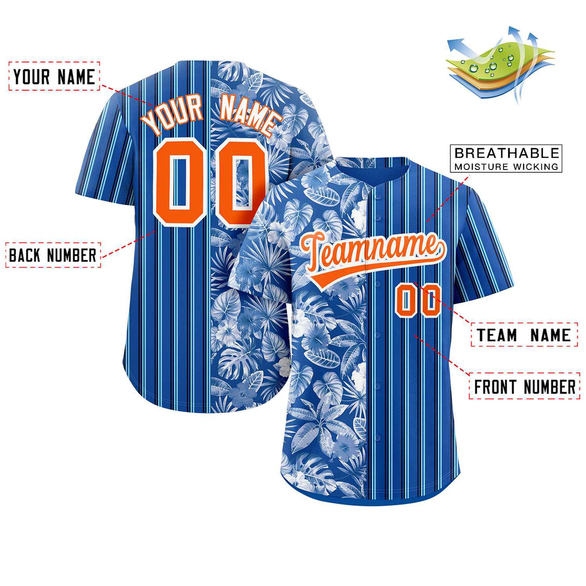 Custom Royal Orange Hawaii Tropical Flower Stripe Fashion Baseball Jersey Limited