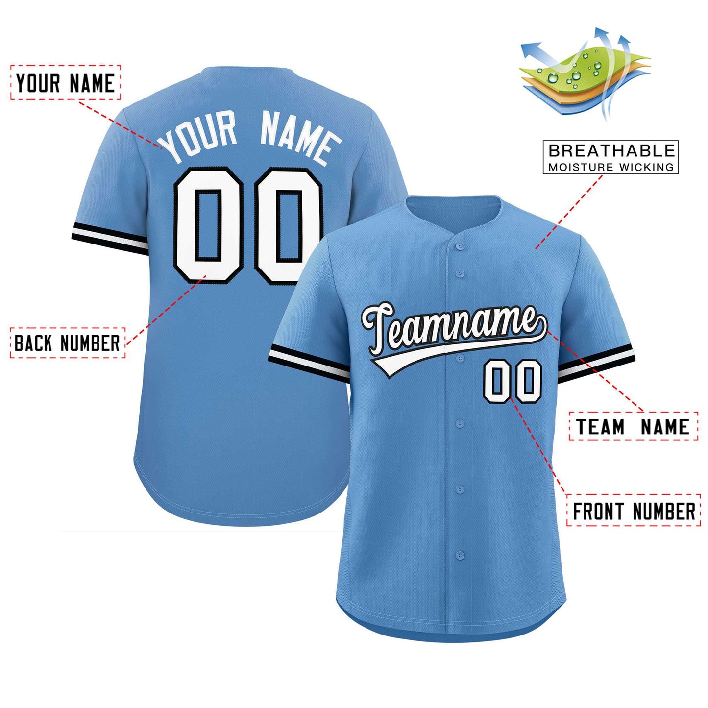 Custom Light Blue White Full Button Design Authentic Baseball Jersey Limited
