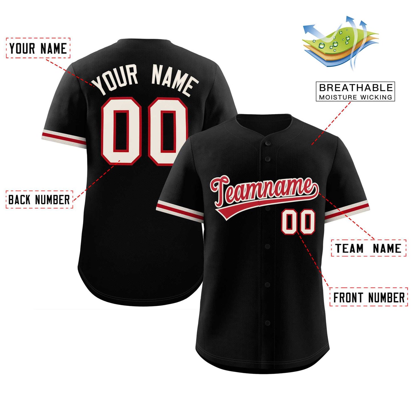 Custom Black Red Full Button Design Authentic Baseball Jersey Limited