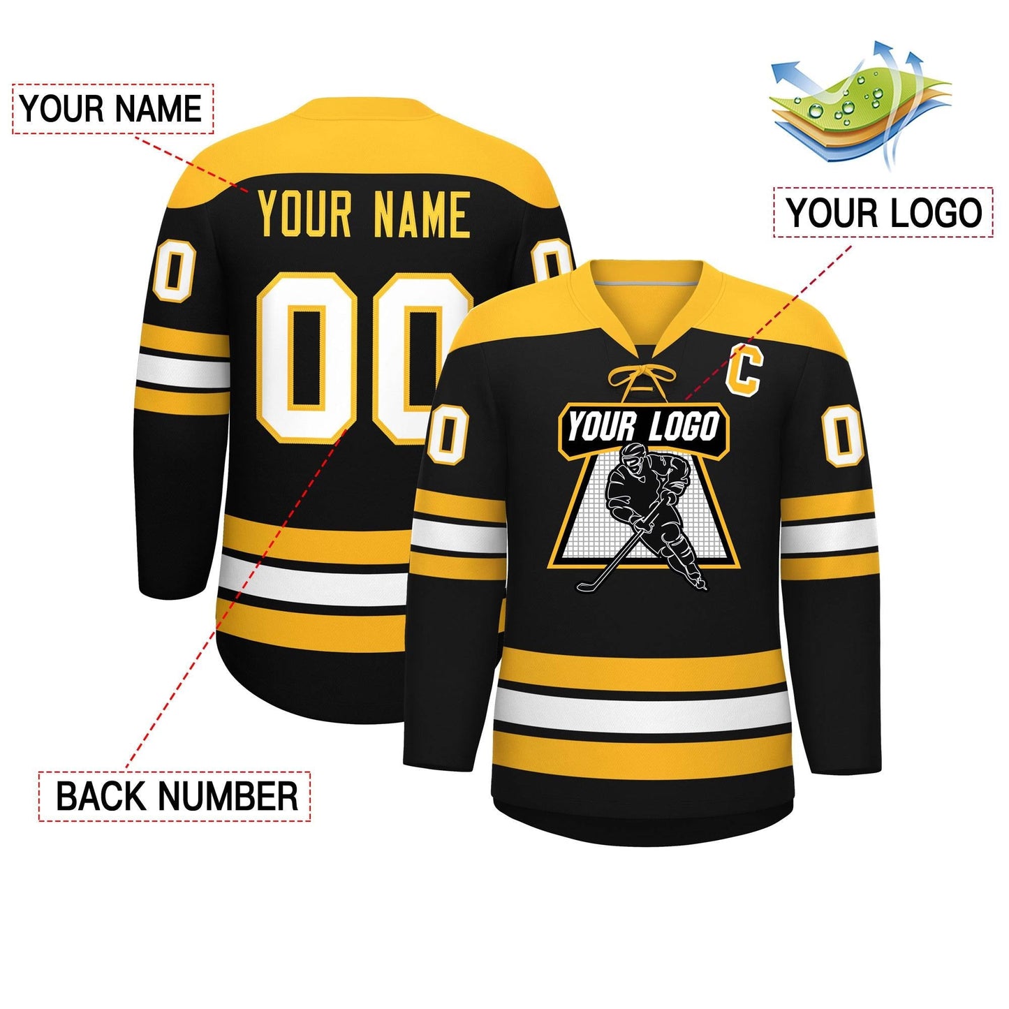 Custom Black Gold White Personalized Classic Lace-Up Neck Hockey Jersey Limited