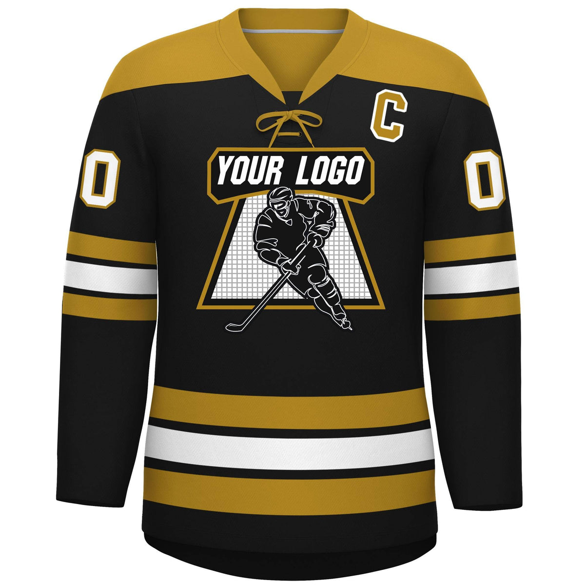 Custom Black Old Gold White Personalized Classic Lace-Up Neck Hockey Jersey Limited