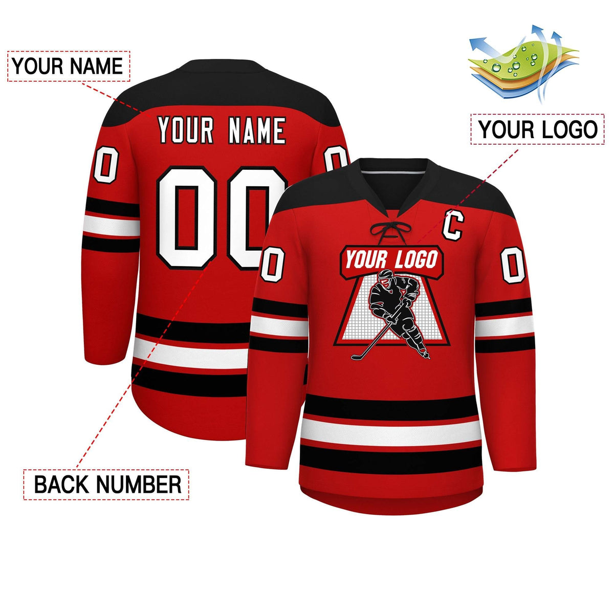 Custom Red Black White Personalized Classic Lace-Up Neck Hockey Jersey Limited