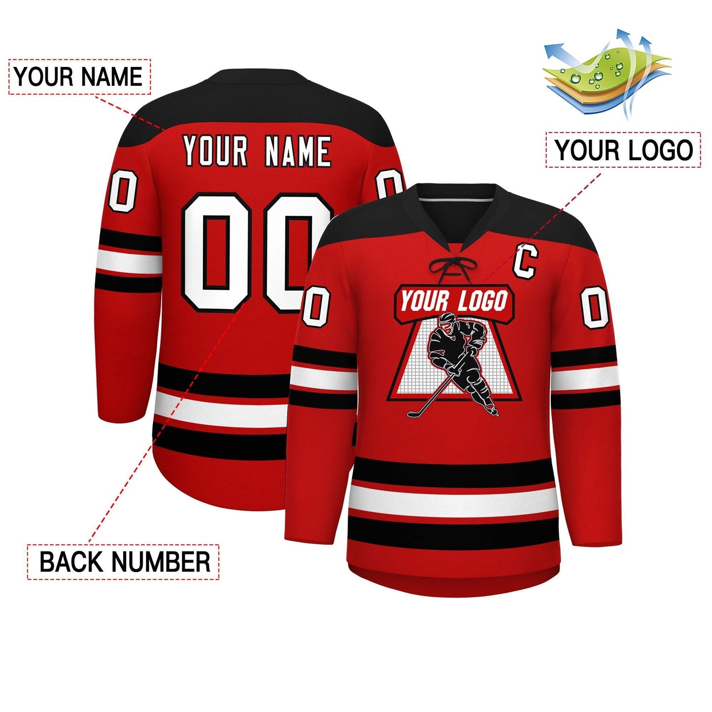 Custom Red Black White Personalized Classic Lace-Up Neck Hockey Jersey Limited