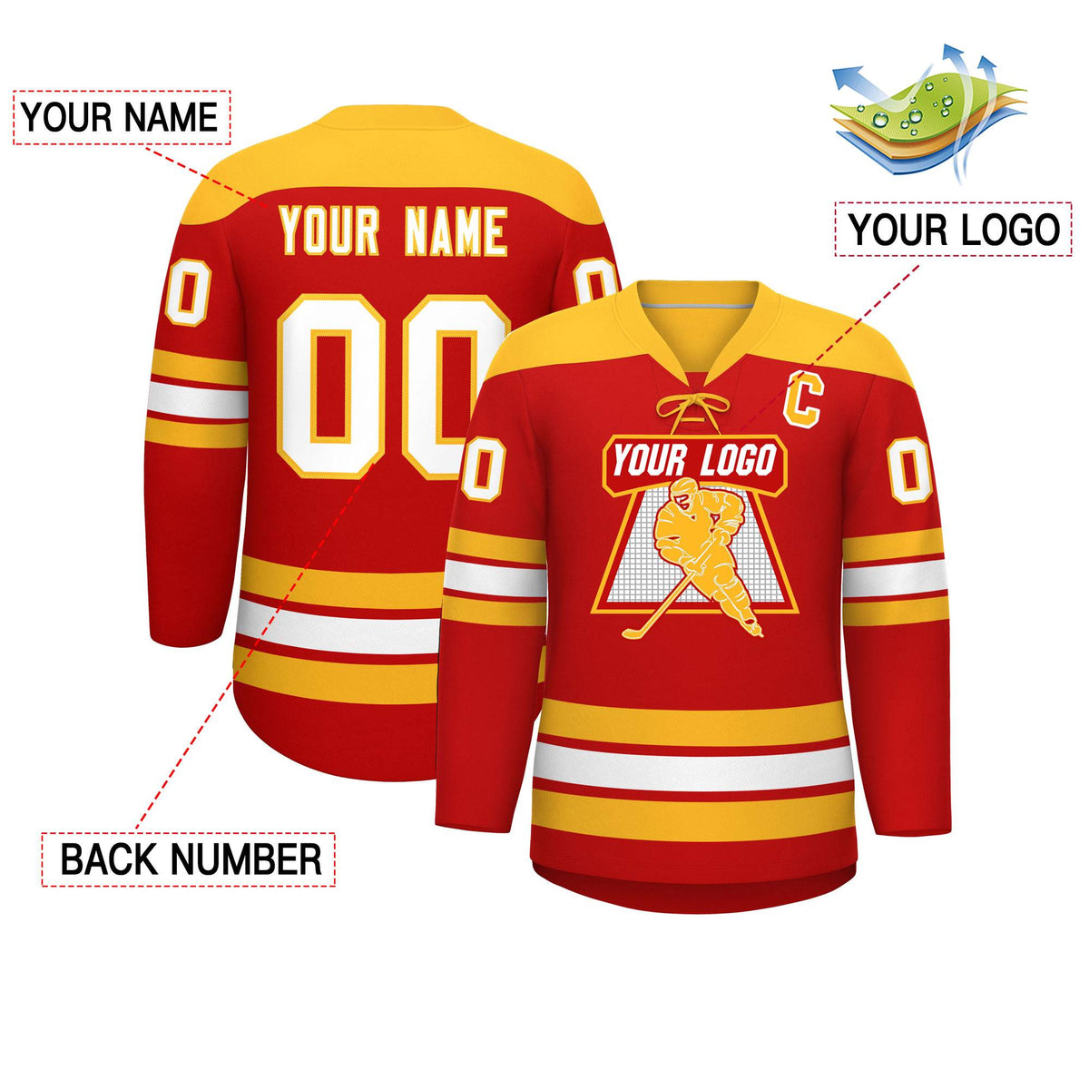 Custom Red Gold White Personalized Classic Lace-Up Neck Hockey Jersey Limited