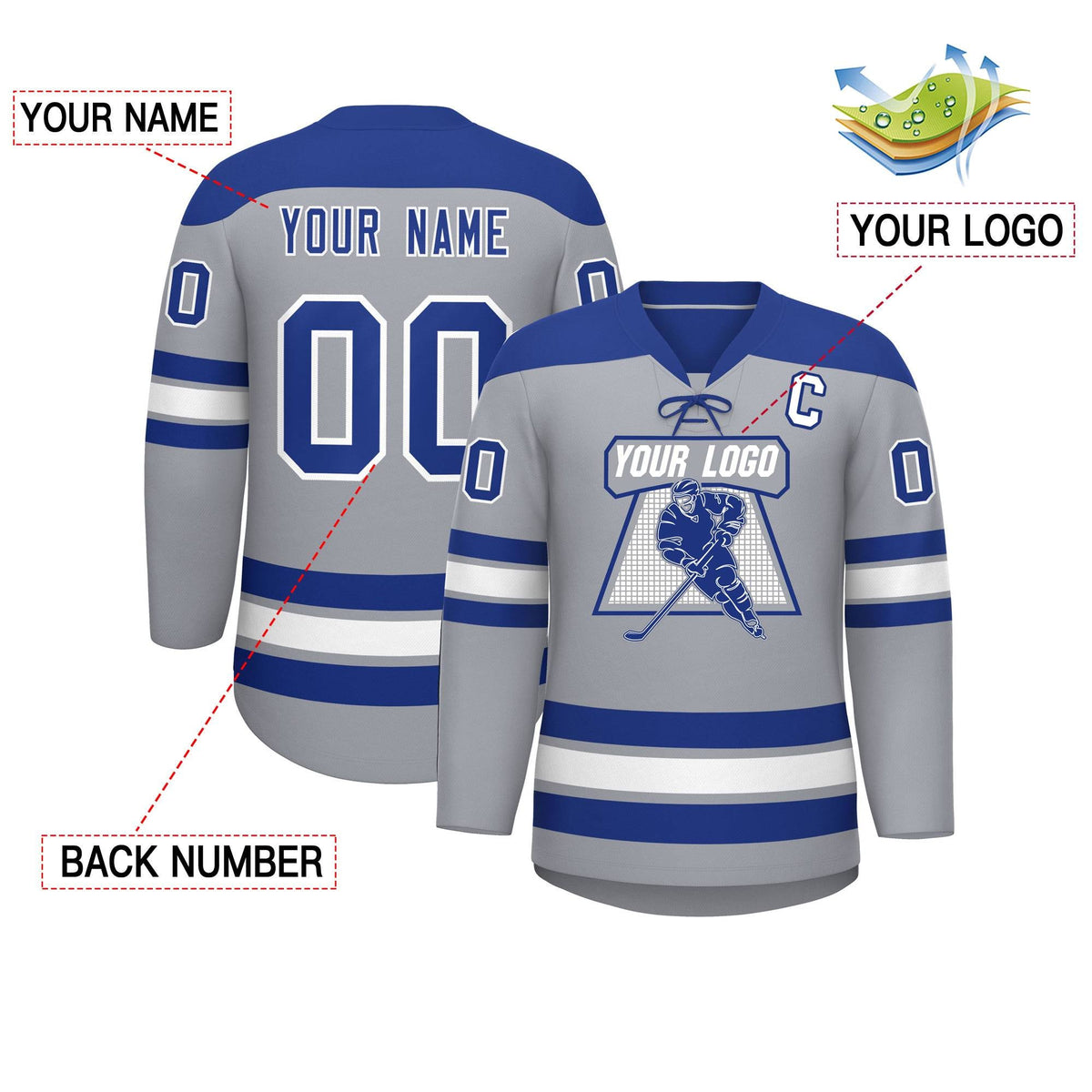 Custom Gray Royal White Personalized Classic Lace-Up Neck Hockey Jersey Limited