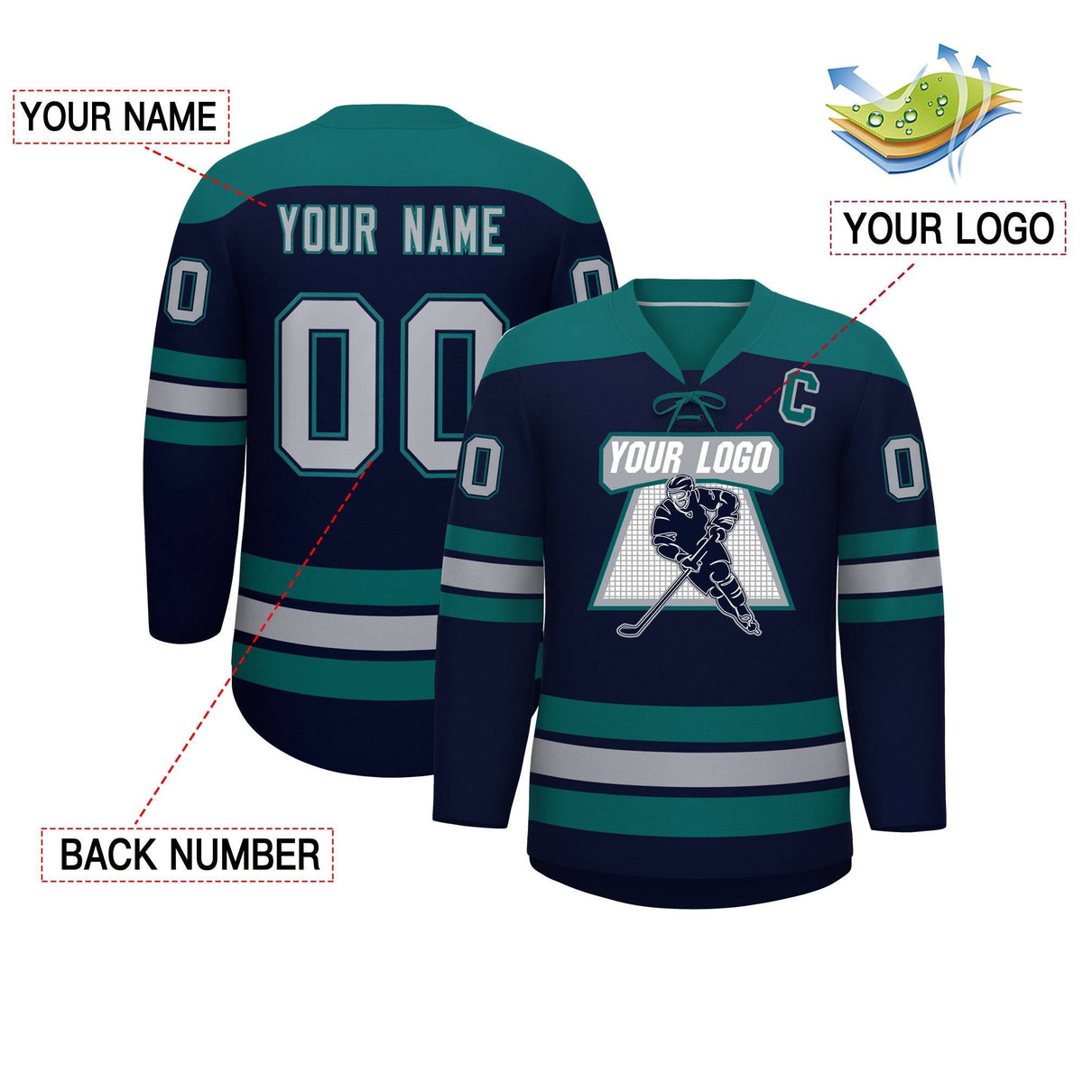 Custom Navy Aqua Gray Personalized Classic Lace-Up Neck Hockey Jersey Limited