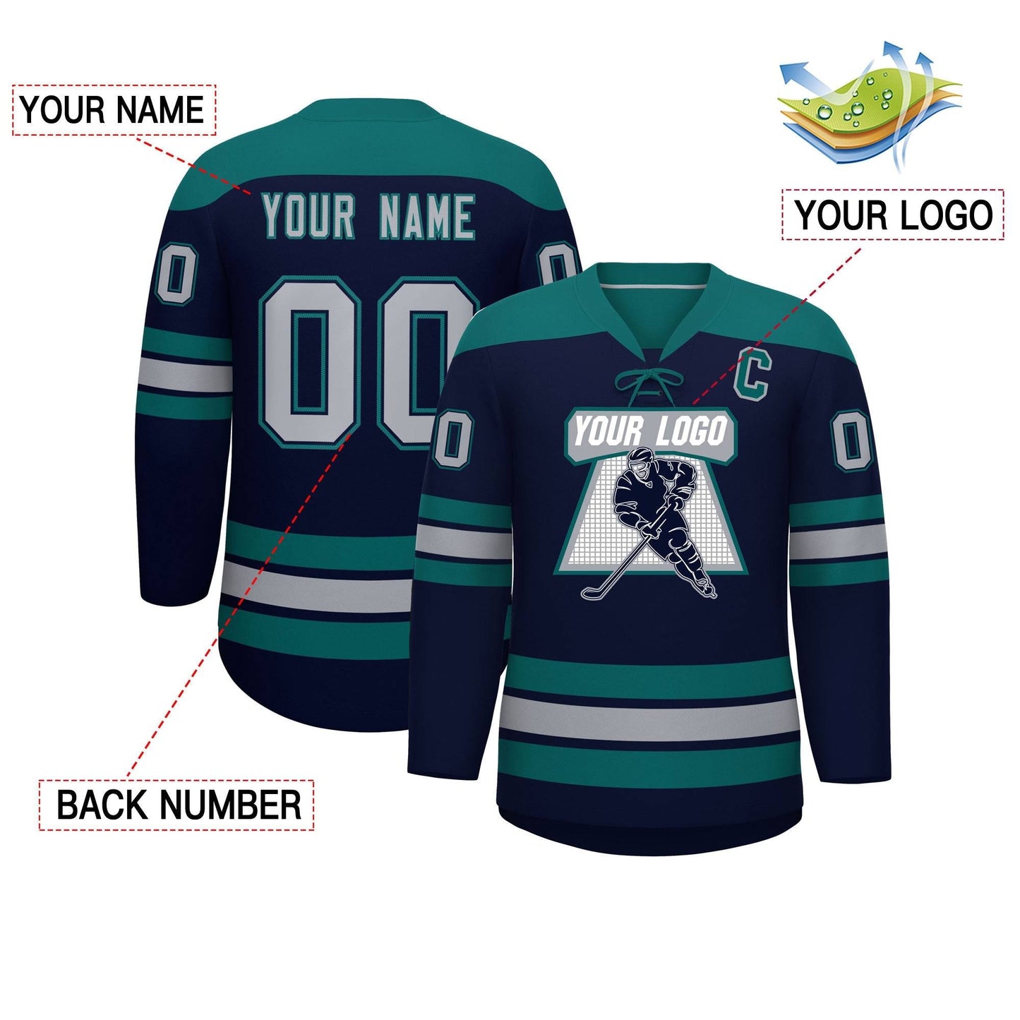 Custom Navy Aqua Gray Personalized Classic Lace-Up Neck Hockey Jersey Limited