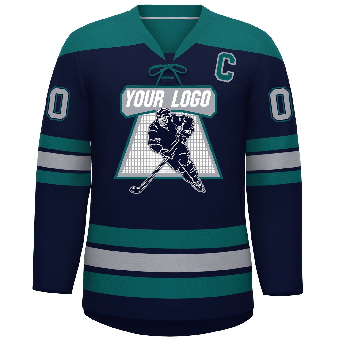 Custom Navy Aqua Gray Personalized Classic Lace-Up Neck Hockey Jersey Limited