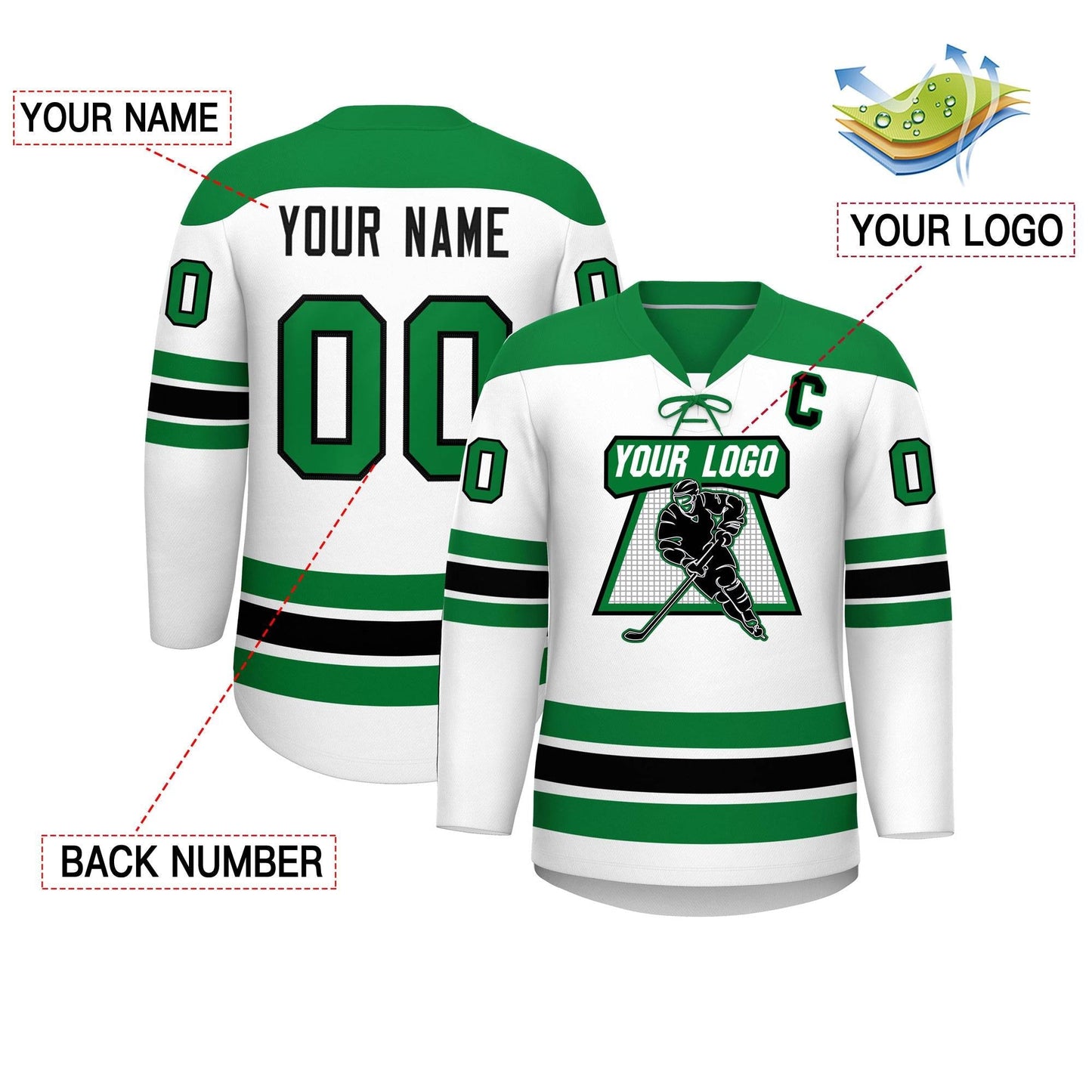 Custom White Kelly Green Black Personalized Classic Lace-Up Neck Hockey Jersey Limited