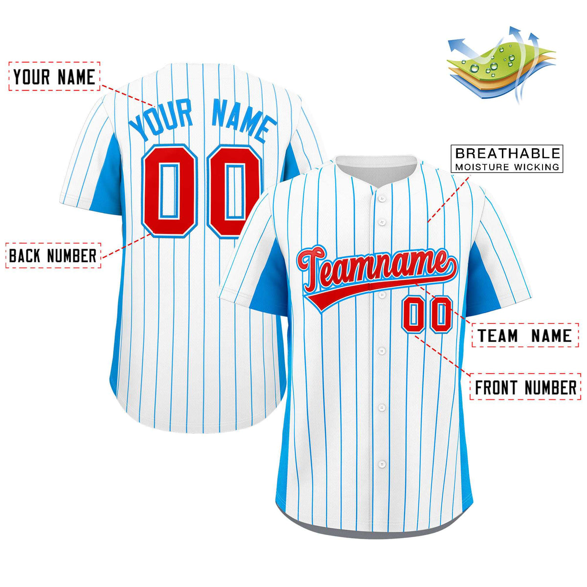 Custom White Powder Blue-Red Stripe Fashion Design Full Button Authentic Baseball Jersey Limited