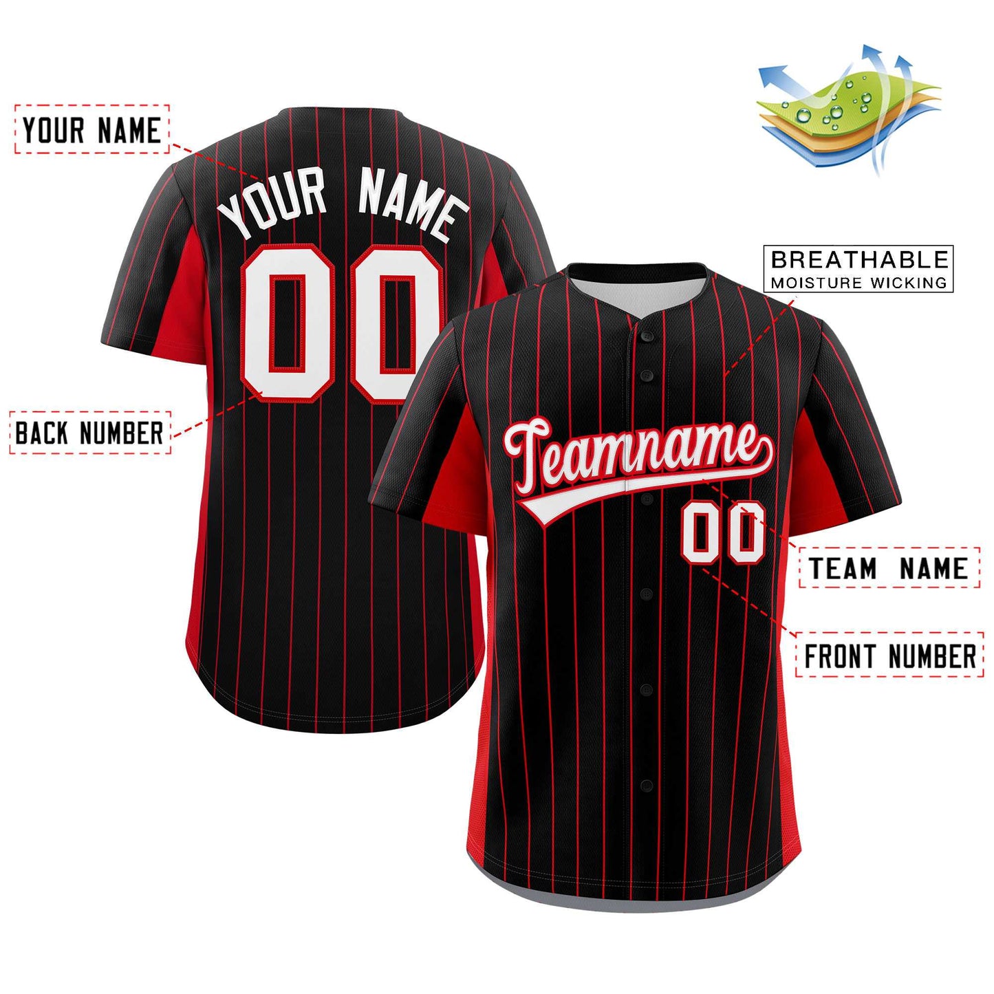 Custom Black Red-White Stripe Fashion Design Full Button Authentic Baseball Jersey Limited