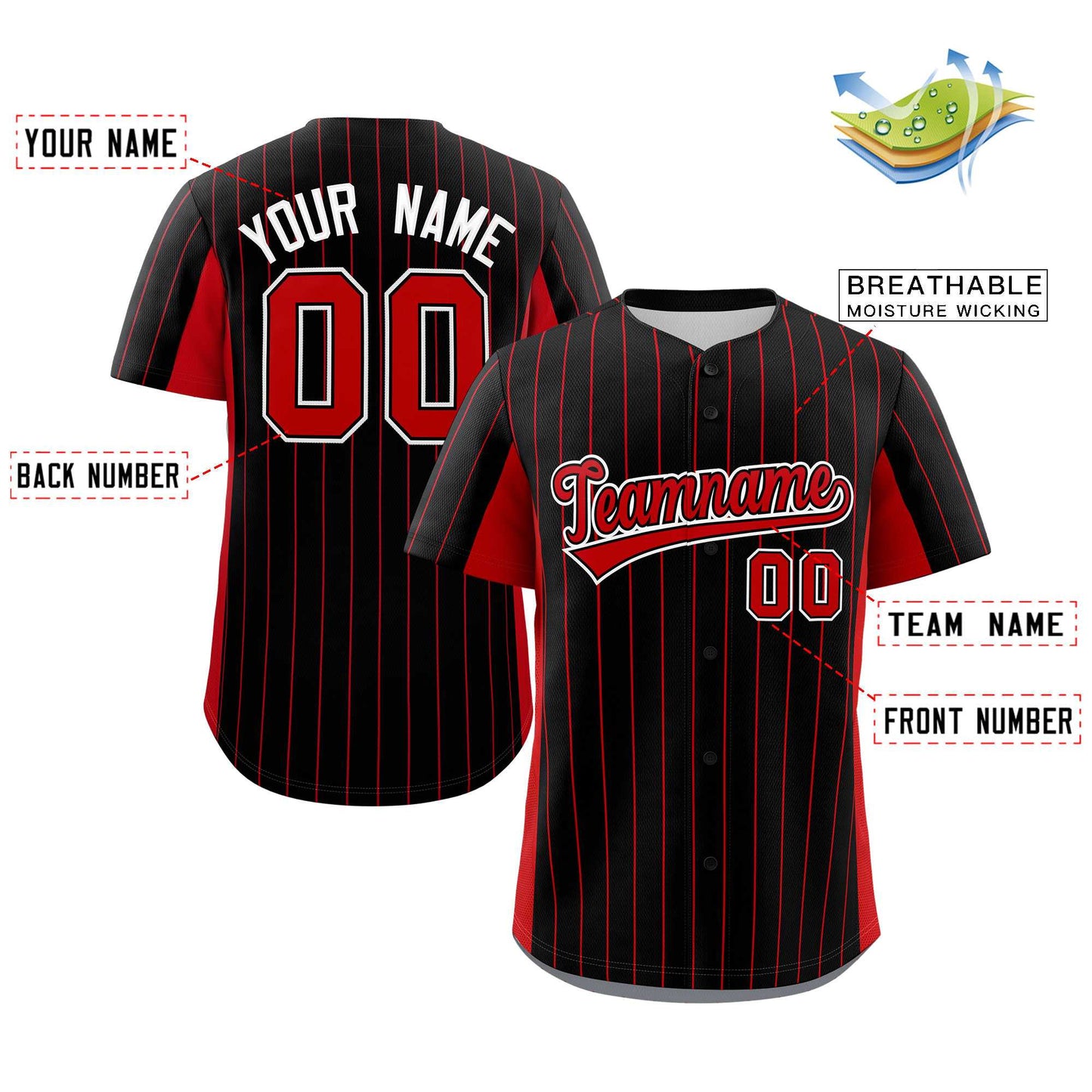 Custom Black Red Stripe Fashion Design Full Button Authentic Baseball Jersey Limited