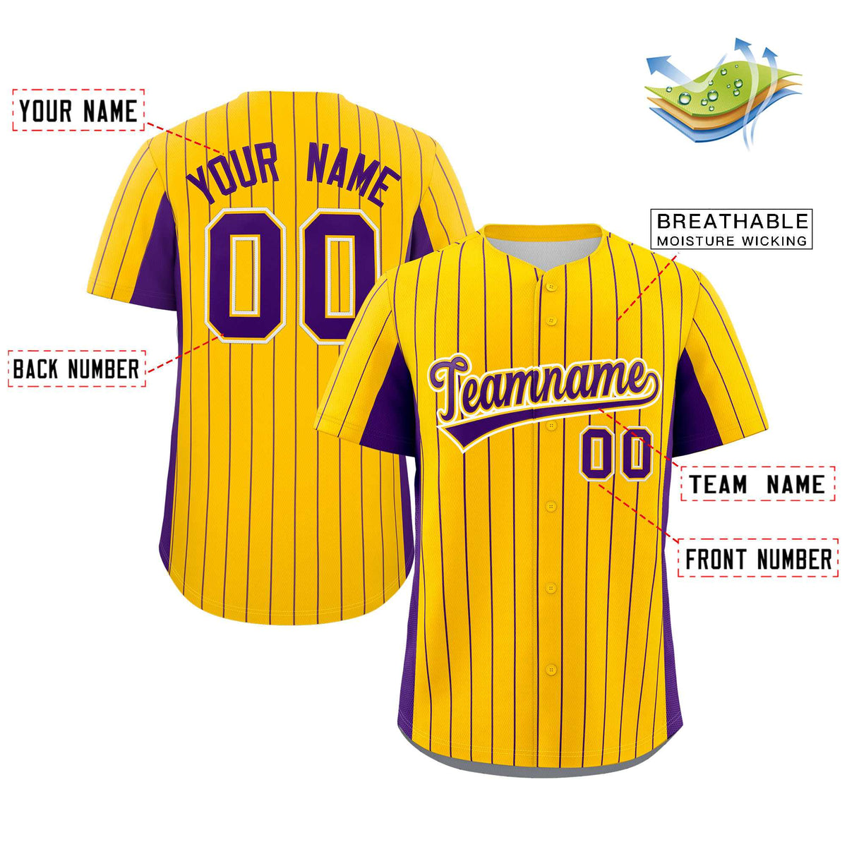 Custom Gold Purple Stripe Fashion Design Full Button Authentic Baseball Jersey Limited