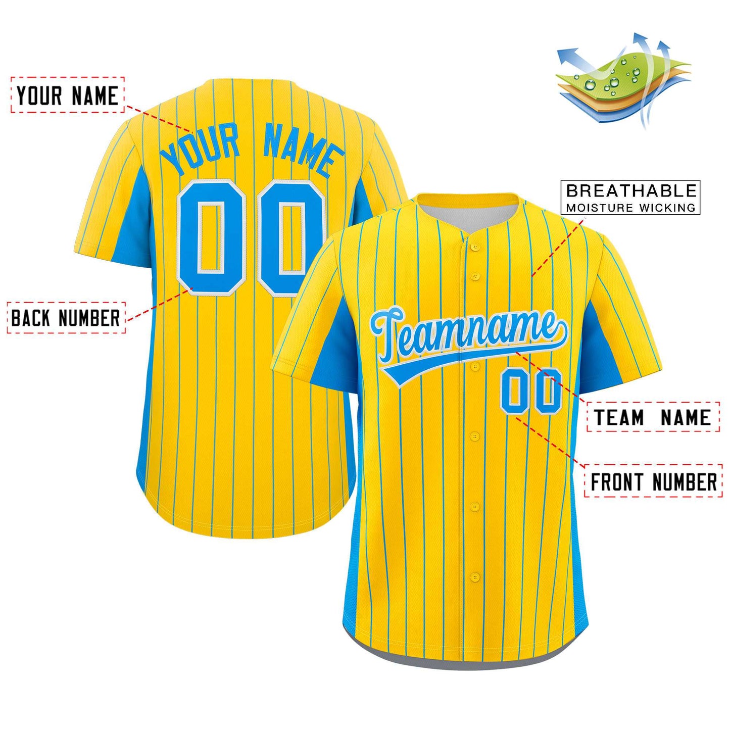 Custom Gold Powder Blue Stripe Fashion Design Full Button Authentic Baseball Jersey Limited