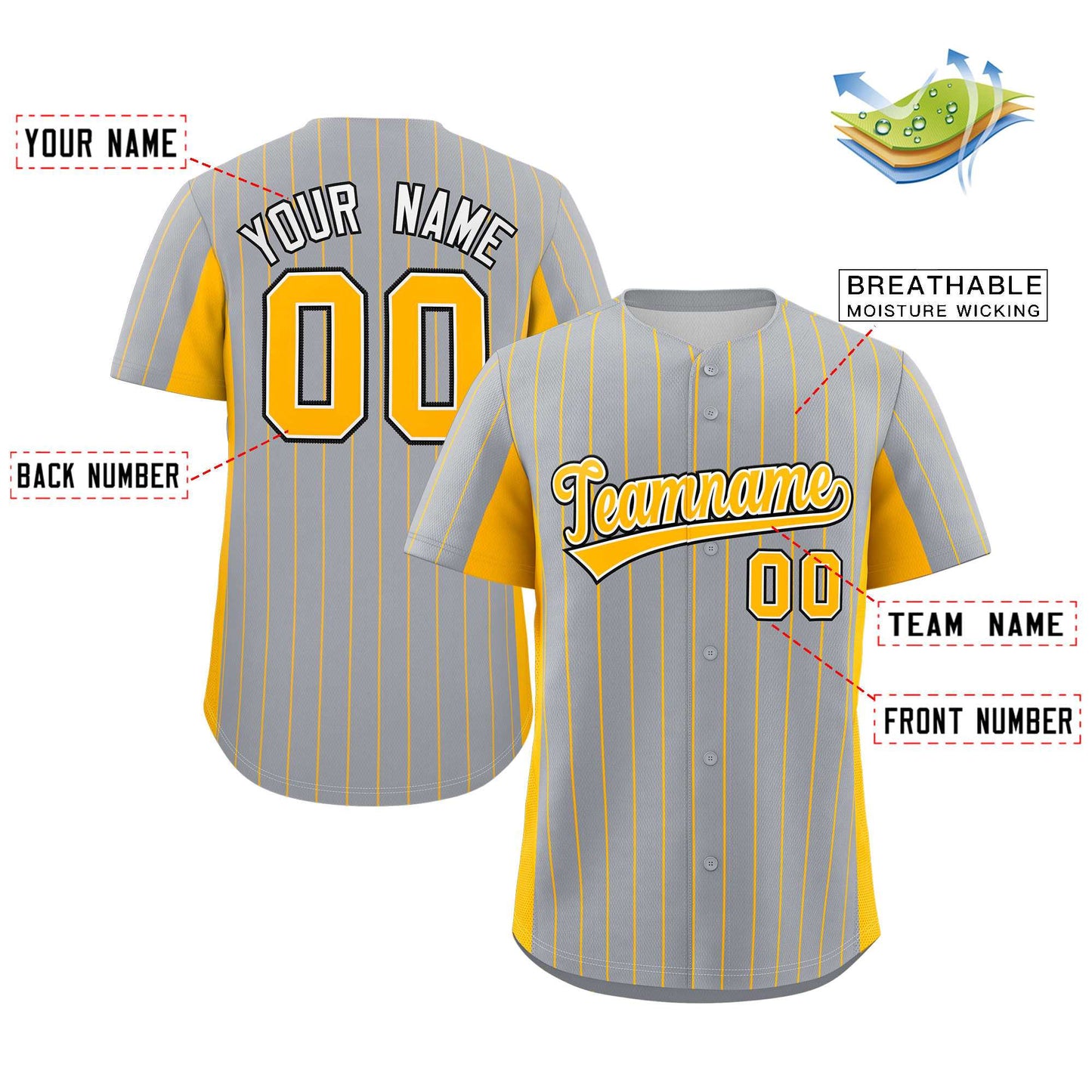 Custom Gray Gold Stripe Fashion Design Full Button Authentic Baseball Jersey Limited
