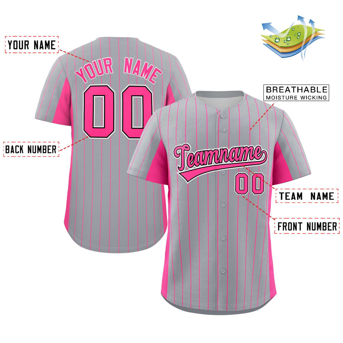 Custom Gray Pink Stripe Fashion Design Full Button Authentic Baseball Jersey Limited