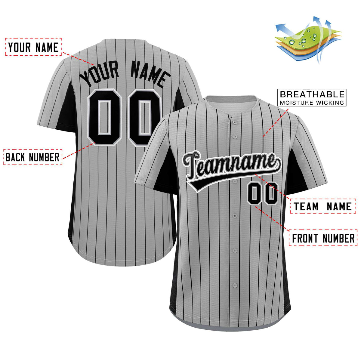 Custom Gray Black Stripe Fashion Design Full Button Authentic Baseball Jersey Limited