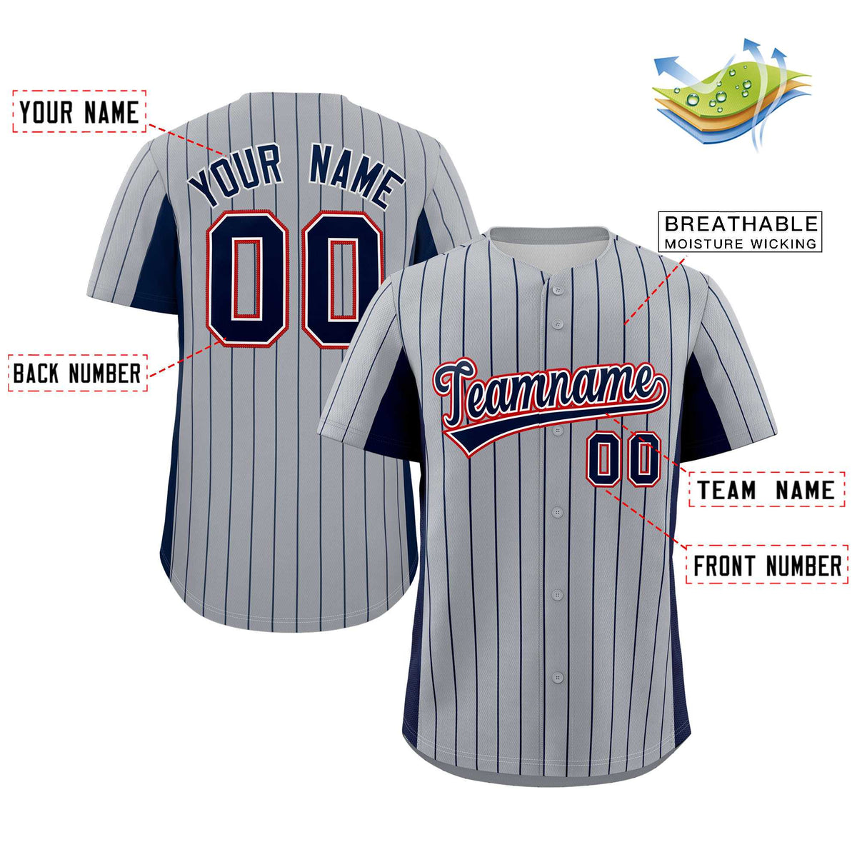 Custom Gray Navy Stripe Fashion Design Full Button Authentic Baseball Jersey Limited