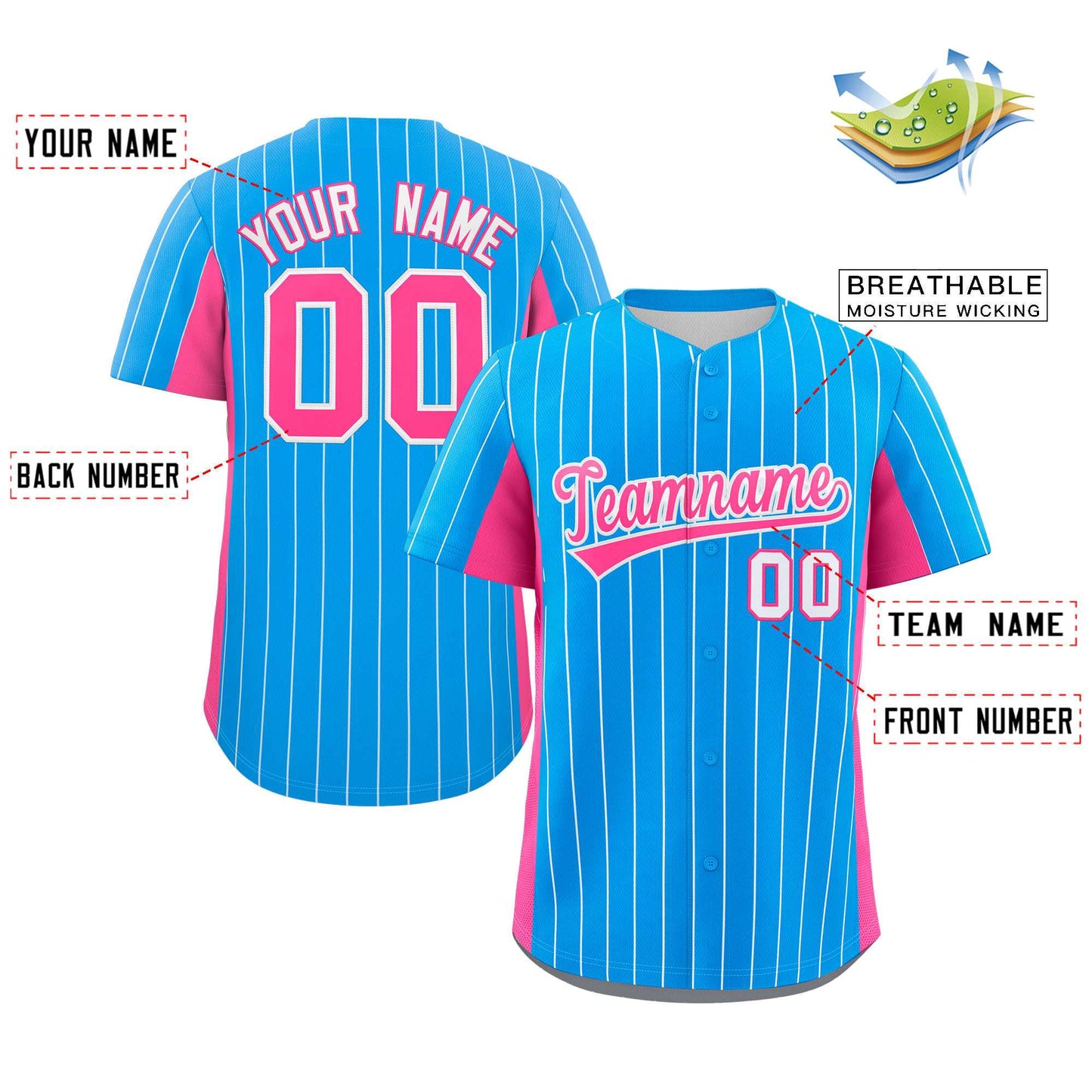Custom Powder Blue Pink Stripe Fashion Design Full Button Authentic Baseball Jersey Limited