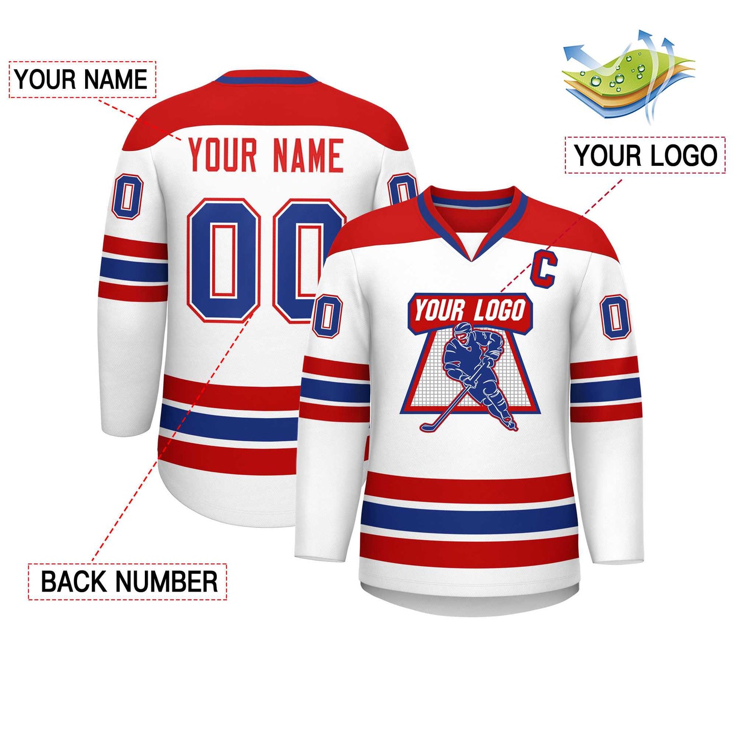 Custom White Red-Royal Personalized Classic V-Neck Hockey Jersey Limited