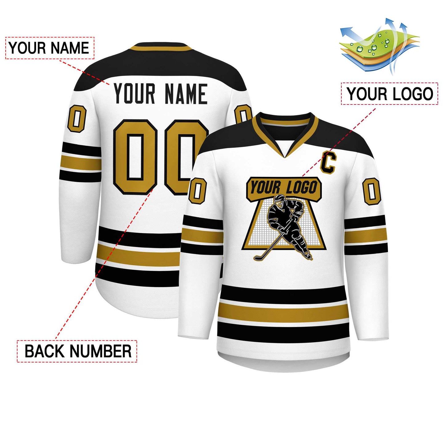 Custom White Black-Old Gold Personalized Classic V-Neck Hockey Jersey Limited