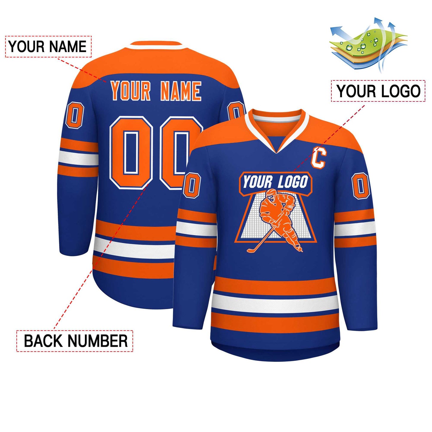 Custom Royal Orange-White Personalized Classic V-Neck Hockey Jersey Limited