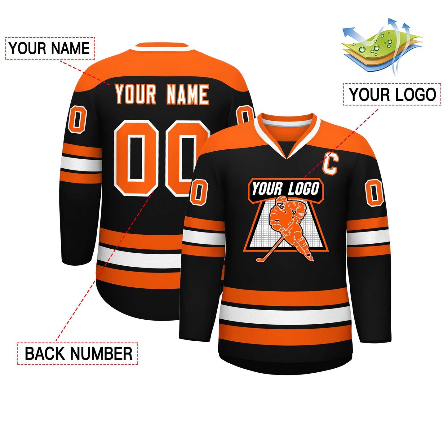 Custom Black Orange-White Personalized Classic V-Neck Hockey Jersey Limited