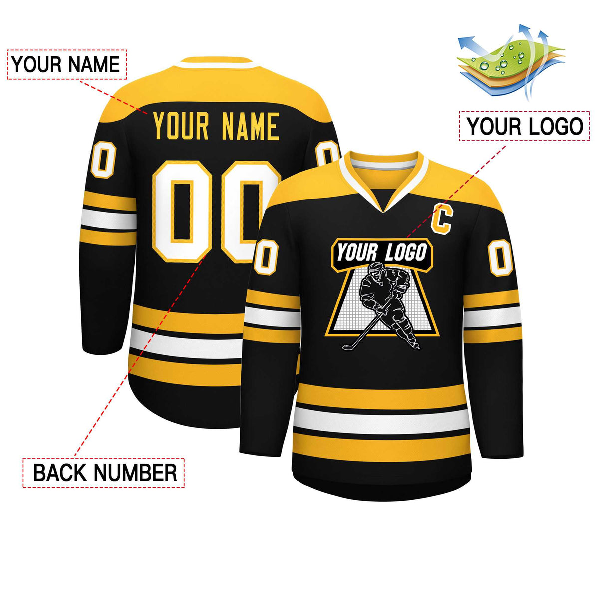 Custom Black Gold-White Personalized Classic V-Neck Hockey Jersey Limited